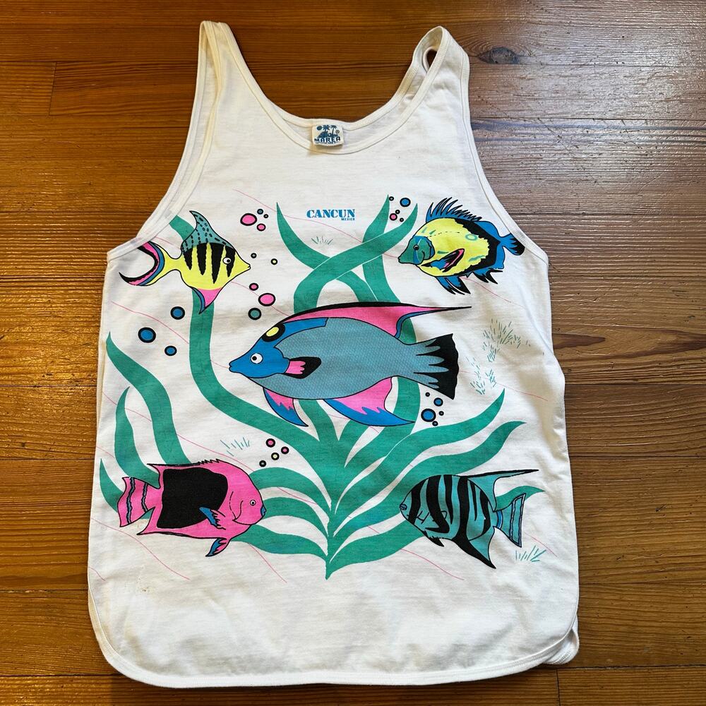 Marea‎ Sport Cancun Mexico 90s white neon fish graphic tank SIZE M
